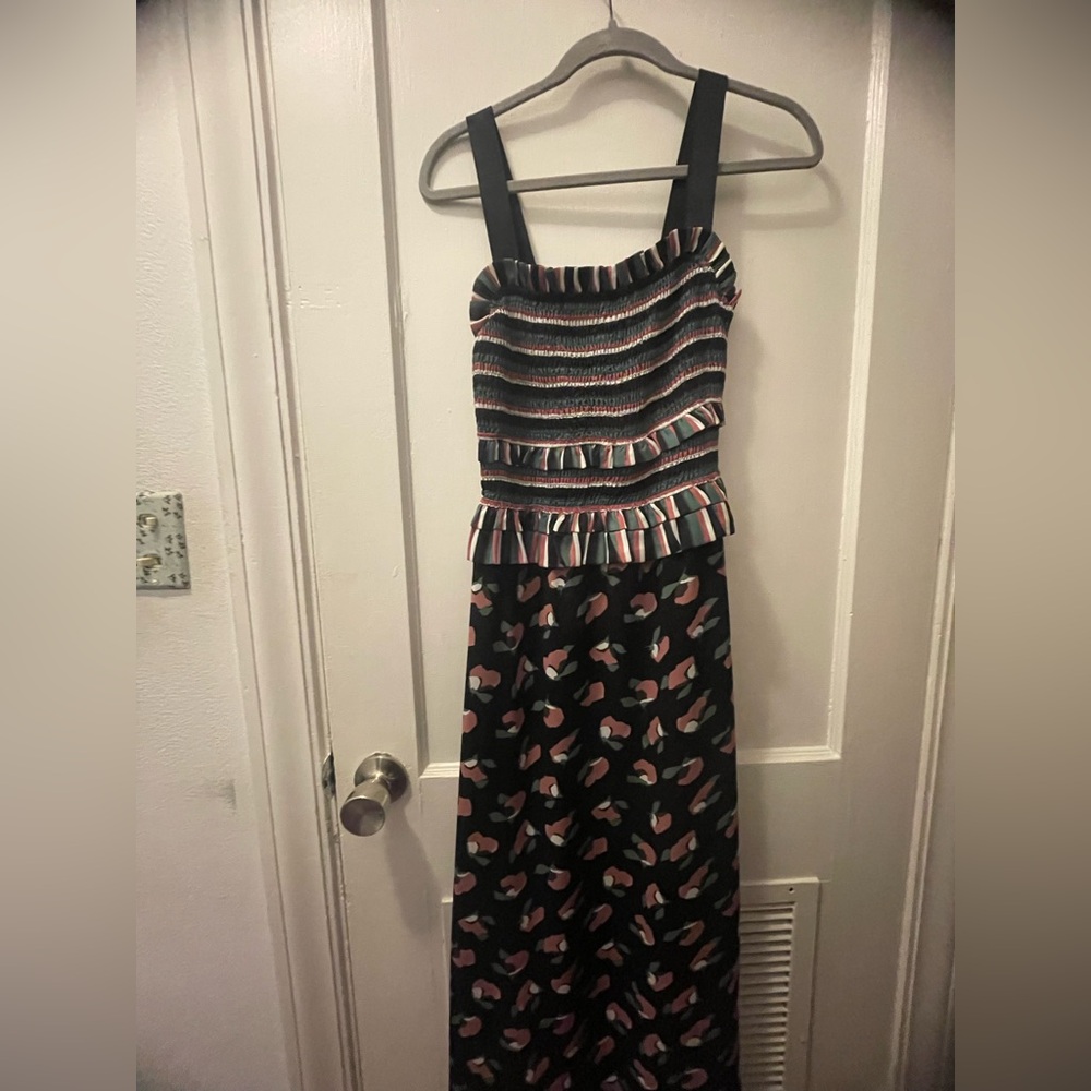 Hailee C  Jaya Contrast Black and Multicolor Ruffle Maxi Dress